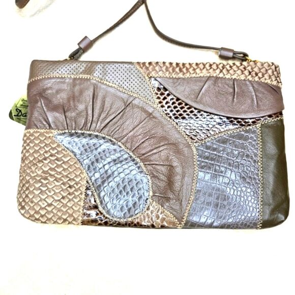 Dame by David Mehler NYC Leather Snakeskin Patchwork Design Clutch Shoulder Bag - Picture 1 of 10